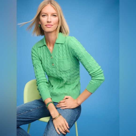 TALBOTS Johnny Collar Cable Knit Sweater Women’s Green Classic Polo Pullover M - Picture 2 of 8